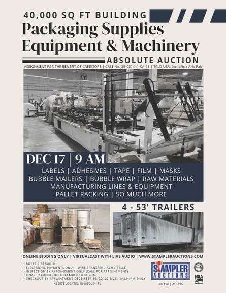 PACKAGING SUPPLIES / MACHINERY & EQUIPMENT  - ABSOLUTE AUCTION