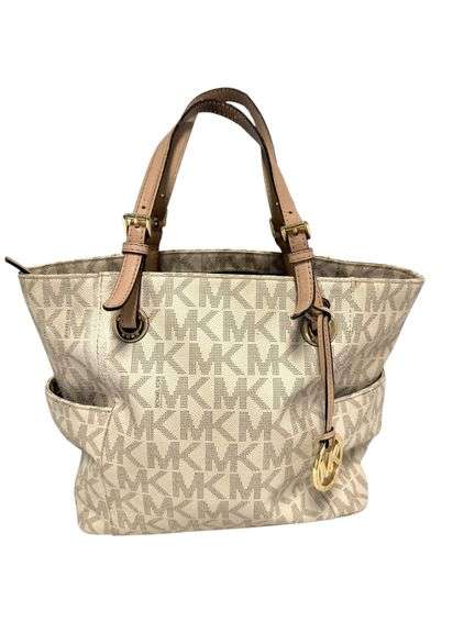 MICHAEL Michael Kors Off White/Beige Signature Coated Canvas and Leather Jet Set East West Tote