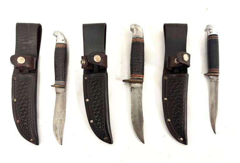 Lot of 3 Vintage Western Boulder, CO Fixed Blade Stacked Leather Aluminum Pommels-  Rare L-48 ABG