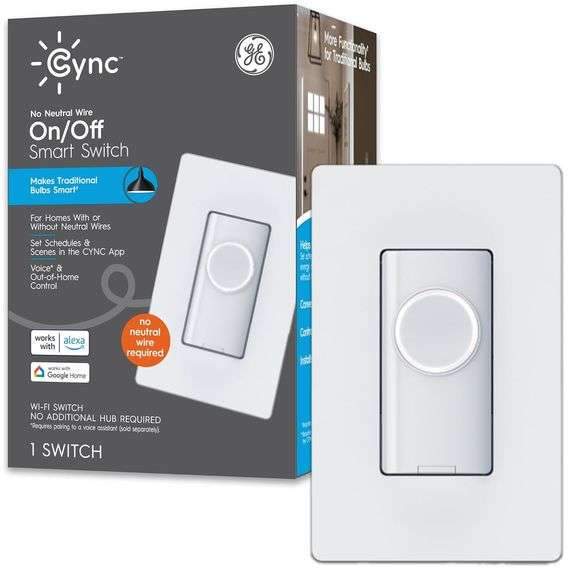 GE CYNC Smart Light Switch On/Off Button Style, No Neutral Wire Required
