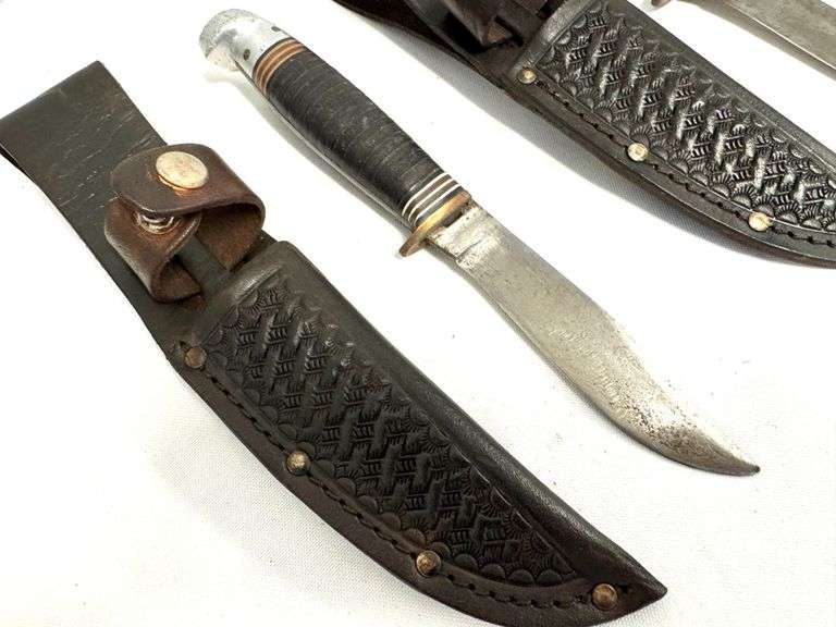Lot of 3 Vintage Western Boulder, CO Fixed Blade Stacked Leather Aluminum Pommels-  Rare L-48 ABG