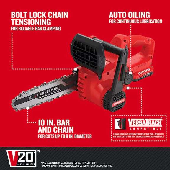 CRAFTSMAN V20 20-volt max 10-in Battery 2.0 Ah Chainsaw Battery Included Charger Included