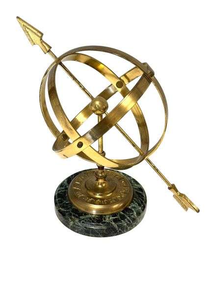 Vintage Lacquered Brass Armillary Sphere Marble Base W/Roman Numerals