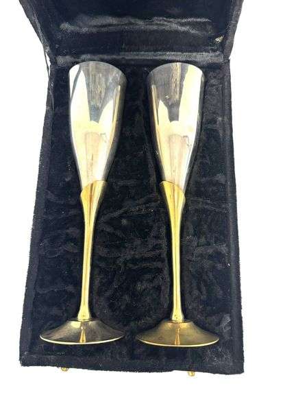 Vintage Pair of International Silver Champagne Flutes in Case