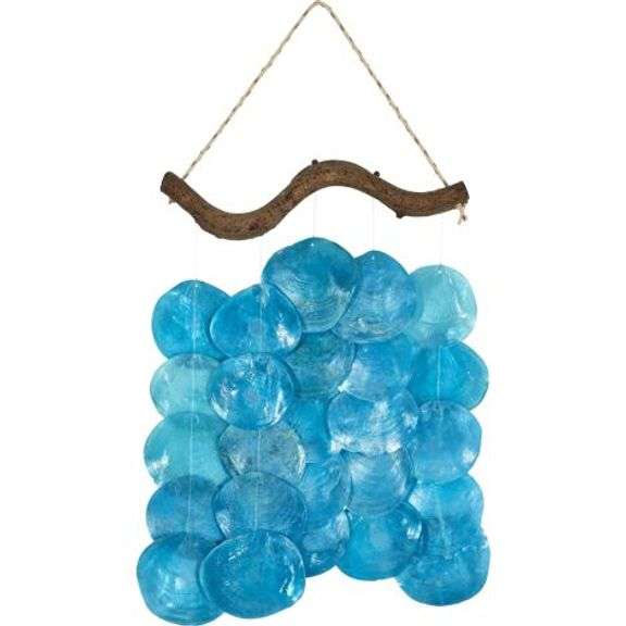 Blue Placuna Wind Chime on Driftwood, New