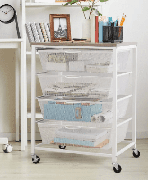 White 4 Drawer Mesh Cart with Wood Top