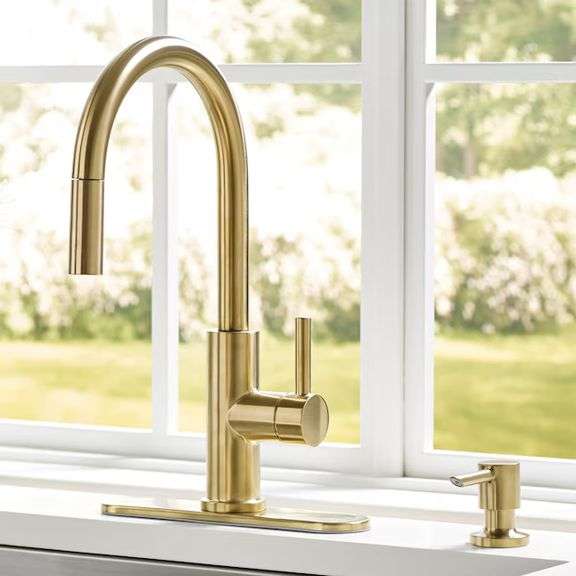 allen + roth Harlow Brushed Gold Single Handle Deck-mount Pull-down Kitchen Faucet with Sprayer ( De
