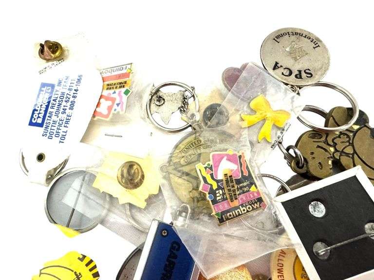Lot of Lapel Pins, Buttons and Key Chains