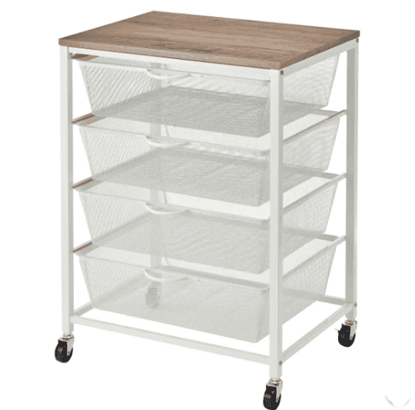 White 4 Drawer Mesh Cart with Wood Top