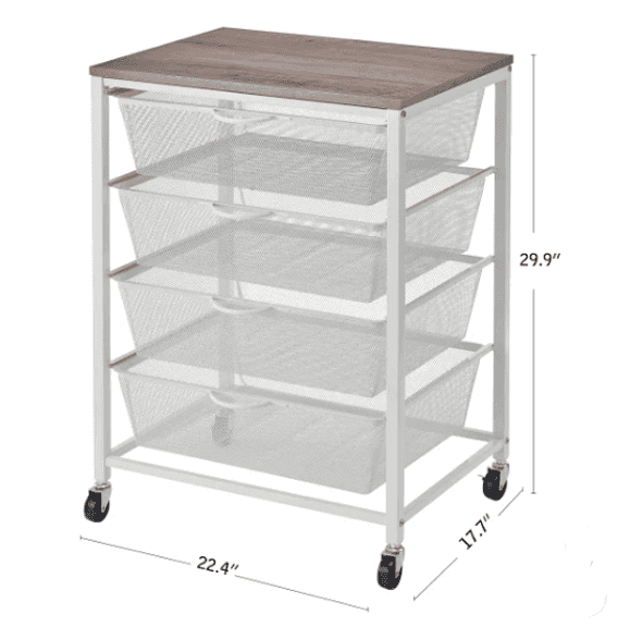 White 4 Drawer Mesh Cart with Wood Top