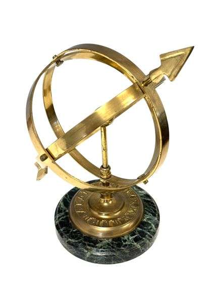 Vintage Lacquered Brass Armillary Sphere Marble Base W/Roman Numerals