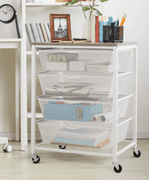 White 4 Drawer Mesh Cart with Wood Top