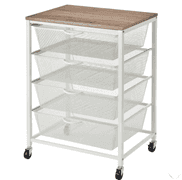 White 4 Drawer Mesh Cart with Wood Top
