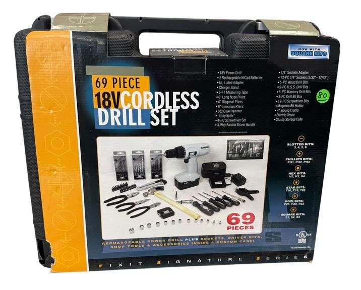18V Cordless Drill Set - 69 pieces with Case, New
