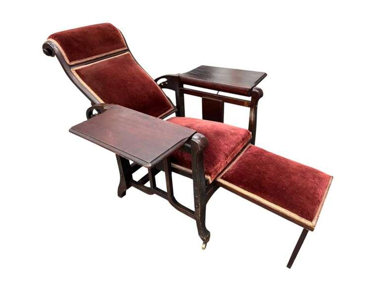 Antique 1860's- 1880's Adjustable Recliner Chair with Side Tables