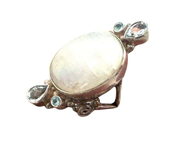 .925 Bezel Set Moonstone Oval Cabochon and Blue Gem Ring - Size 6