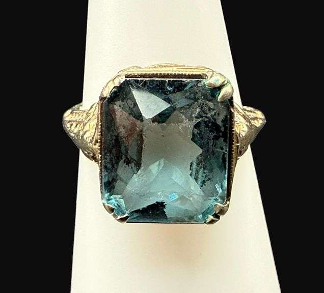 Tested 14K Gold Deco London Blue Topaz Ring [3.23g]