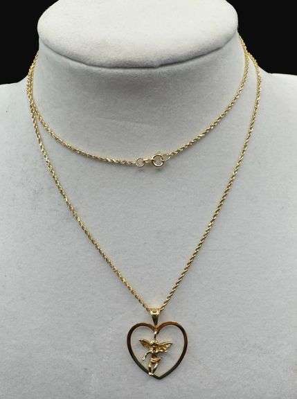 Stamped 14K Gold Heart and Cupid Charm with Chain [5.06g]