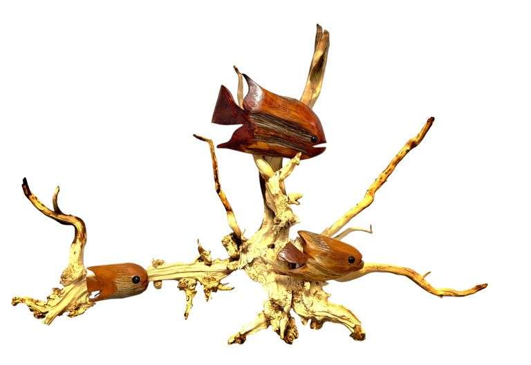 Large Driftwood with Swimming Fish - Wall Sculpture