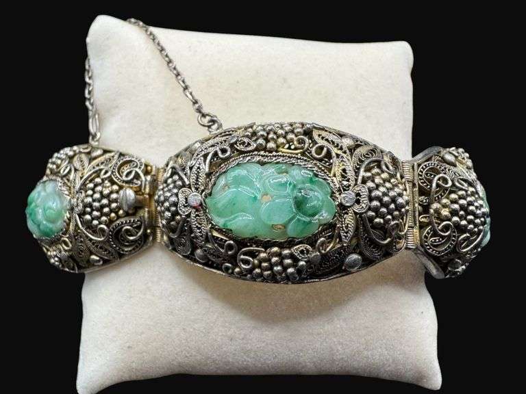 Antique Chinese Export Carved Jade Silver Bracelet [55.25g]