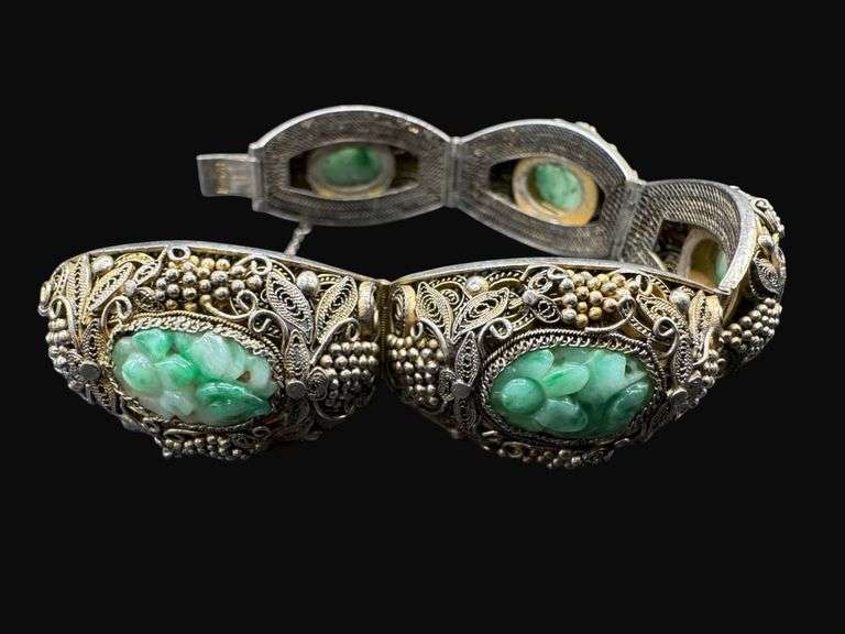 Antique Chinese Export Carved Jade Silver Bracelet [55.25g]