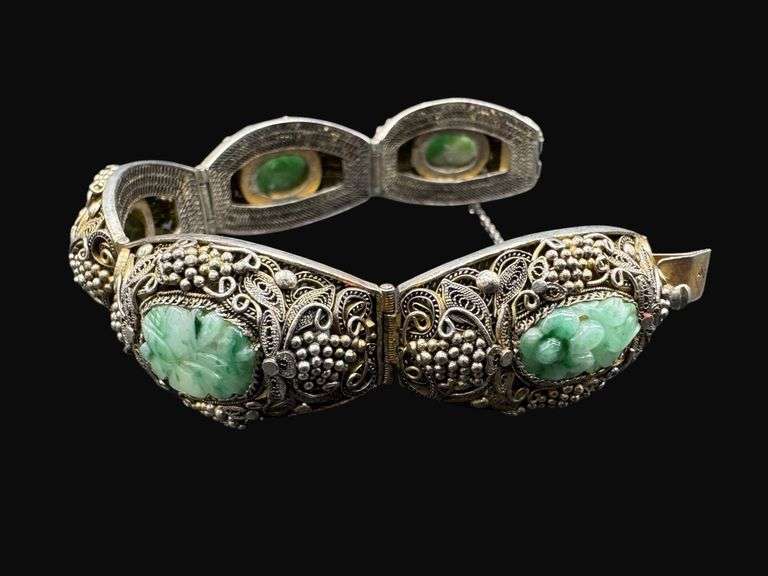 Antique Chinese Export Carved Jade Silver Bracelet [55.25g]
