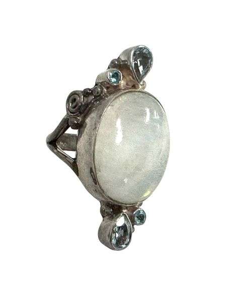 .925 Bezel Set Moonstone Oval Cabochon and Blue Gem Ring - Size 6