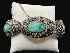 Antique Chinese Export Carved Jade Silver Bracelet [55.25g]