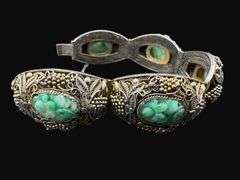 Antique Chinese Export Carved Jade Silver Bracelet [55.25g]