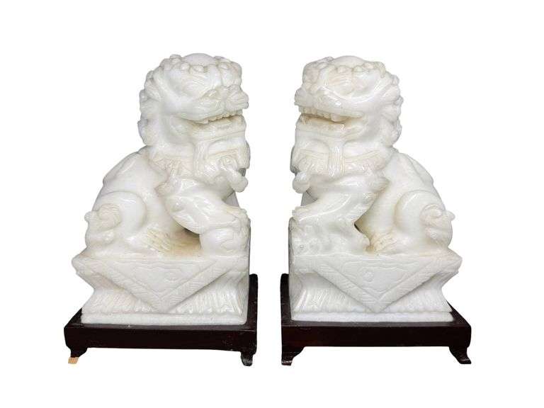 Vintage Chinese Marble Foo Dogs on Wood Bases