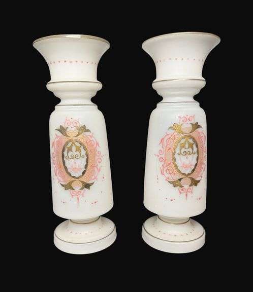 Pair of Victorian Opaline Glass Hand Painted Vases
