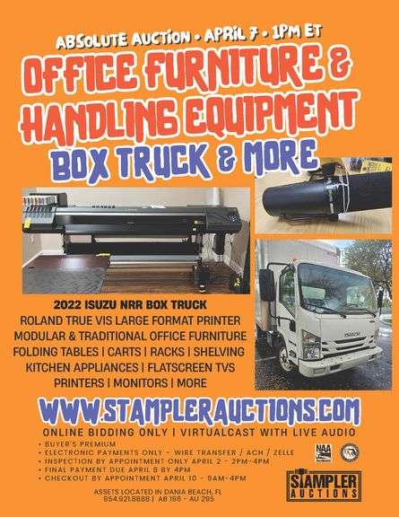 OFFICE FURNITURE | WAREHOUSE EQUIPMENT | 2022 ISUZU NRR BOX TRUCK | MORE